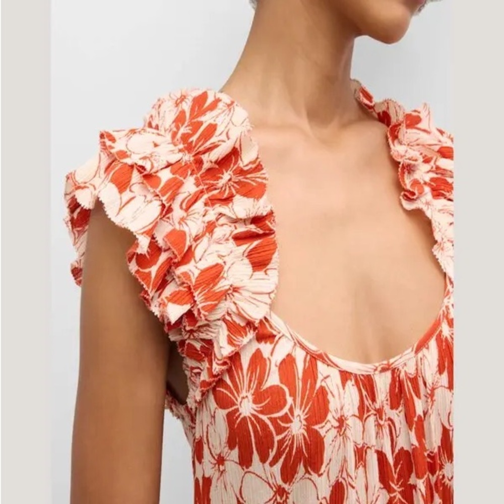 THE GREAT Cascade Dress in Burnt Red Hibiscus Flower - Picture 3 of 11